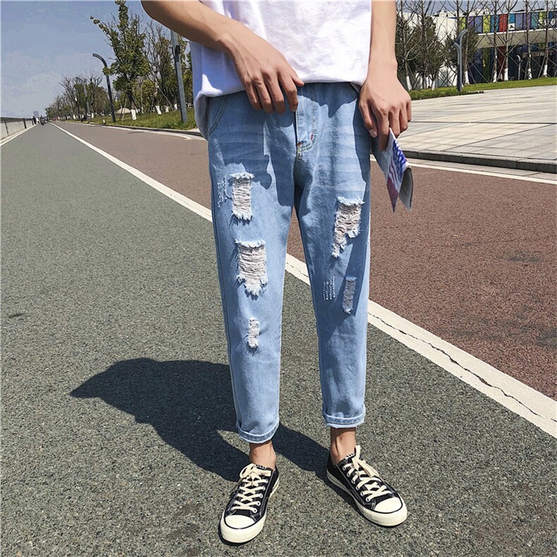 现货主推夏装chic韩版破洞牛仔裤潮流九分裤日系小脚裤N,男装牛仔裤,星座1008