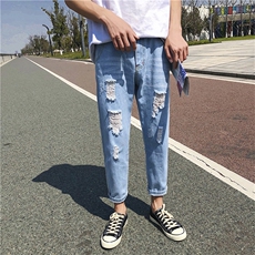 现货主推夏装chic韩版破洞牛仔裤潮流九分裤日系小脚裤N，男装牛仔裤，星座1008