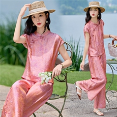 （现货）新中式时尚立领套装2026夏季新款提花修身显瘦气质套裤，女装套装/套裙，难舍钰依