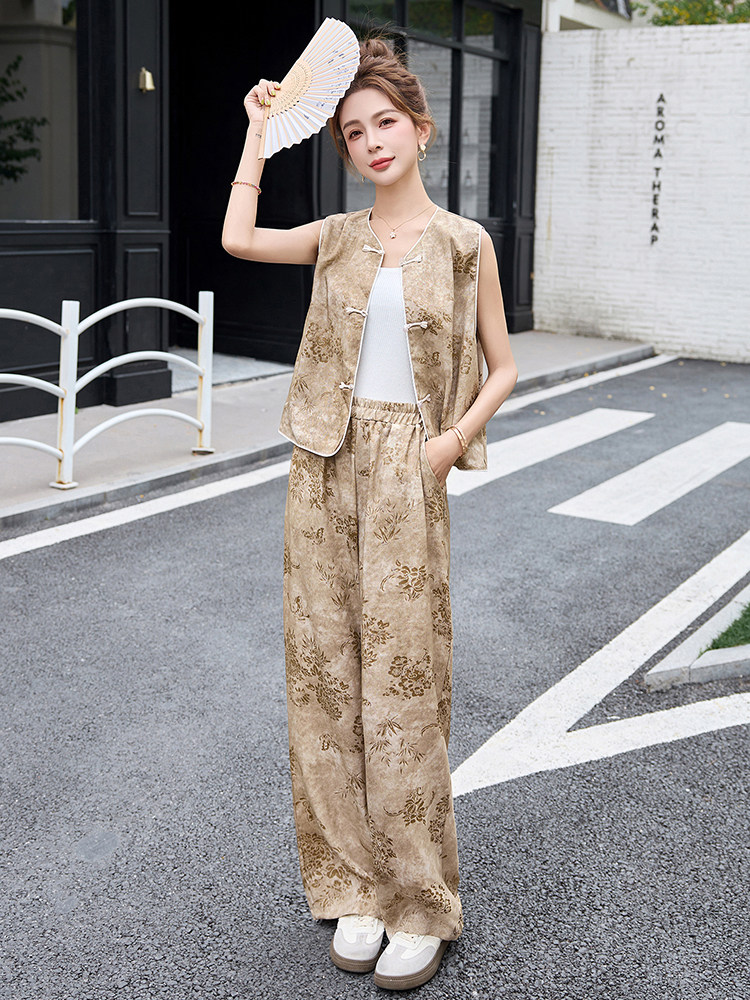 现货新款休闲重工艺女夏薄款宽松小个子时尚新中式气质两件套,女装套装/套裙,美静678