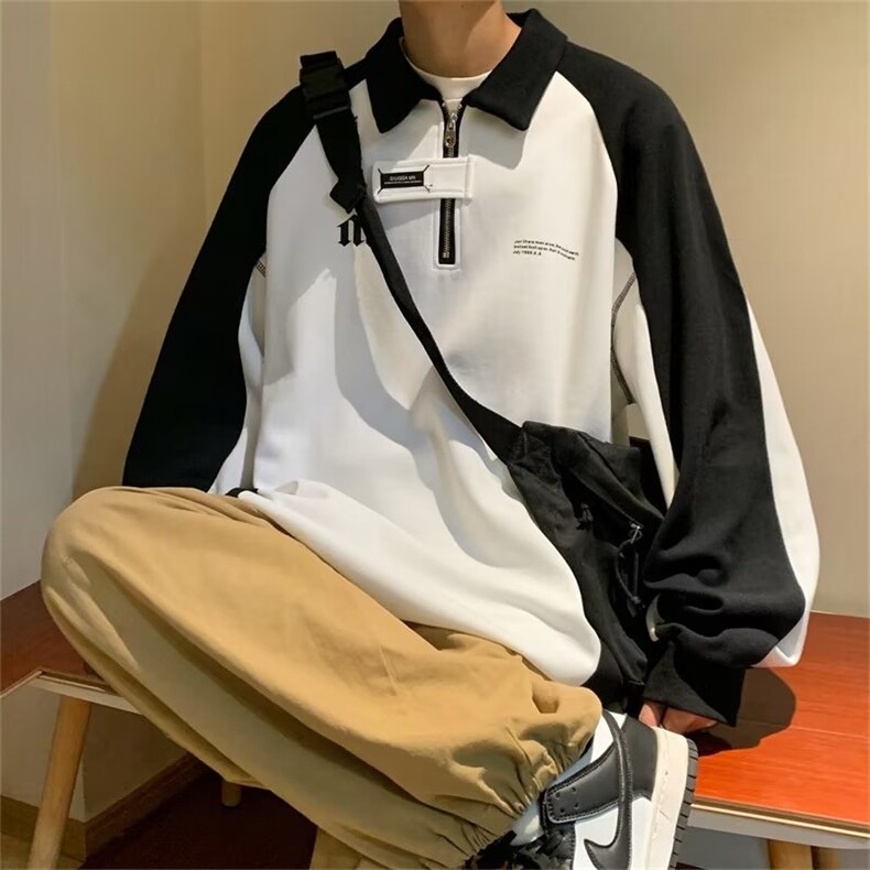 黑白撞色POLO衫卫衣男宽松休闲ins超火拼接上衣ZG09P38,男装卫衣,星座1116-2