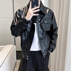 痞帅Pu皮衣小众设计感潮牌双拉链垫肩皮夹克男机车服秋冬高街外套，男装夹克，星座410-7