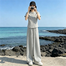 潮流时尚休闲运动套装女夏季新款显瘦气质立领短袖上衣长裤两件套，女装套装/套裙，江南