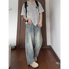 直筒牛仔裤男春夏款潮牌痞帅浅蓝色裤子美式复古宽松阔腿长裤，男装牛仔裤，星座506A