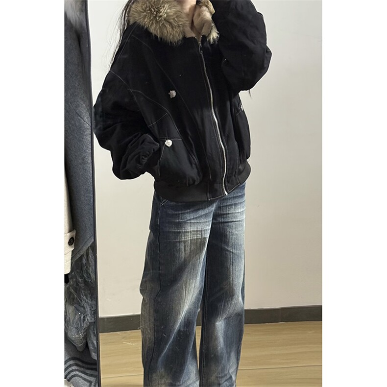 现货重磅boxy短款棉衣座山雕大毛毛领男女棉服水洗工装厚外套,男装棉衣,电商A486-1