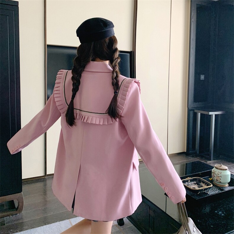 现货26新款秋装粉红色可脱卸木耳边小香风西装女182-8508P135K188,女装西装,帛香坊