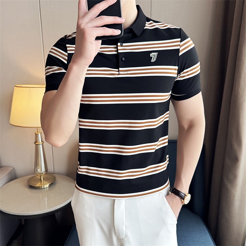 现货2025夏季条纹轻奢时尚字母工艺款短袖T恤翻领Polo衫T0273-P55,男装T恤,电商D342
