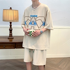 夏上新学生圆领套头半袖套装创意印花短裤T恤男女6642-P60控价88，男装T恤，电商A441-1