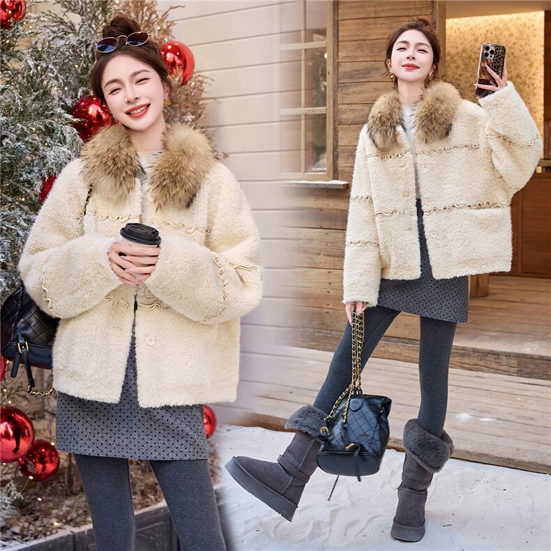 真貉子毛翻领皮毛一体木耳边拼接羊羔毛加厚外套，女装皮草，采品优优