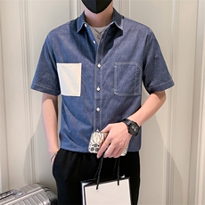 2025新款夏季牛仔衬衫男士短袖潮牌工装男士衬衣A313-1-W515-P58，男装T恤，电商A313-1