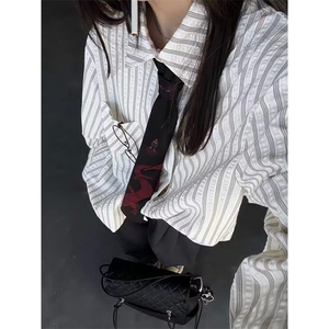 美式潮牌高街复古泡泡纱竖条纹日系肌理长袖衬衫男女休闲宽松衬衣图片