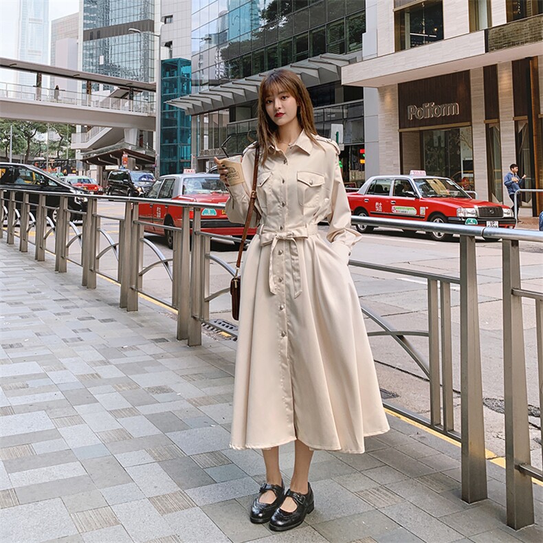 现货工装连衣裙女春新品chic复古气质中长裙18806P120控185,女装连衣裙,艾青服饰