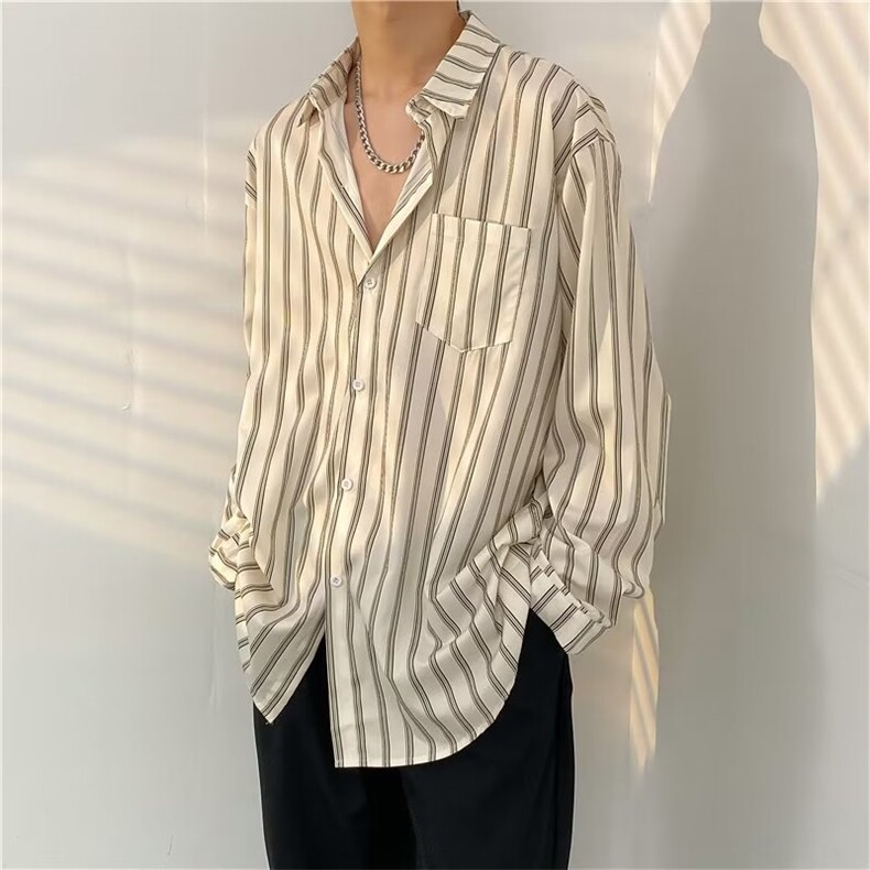 夏季日系复古简约竖条纹长袖衬衫休闲时尚衬衣上衣C2309p33,男装衬衫,星座1013