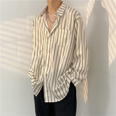 夏季日系复古简约竖条纹长袖衬衫休闲时尚衬衣上衣C2309p33，男装衬衫，星座1013