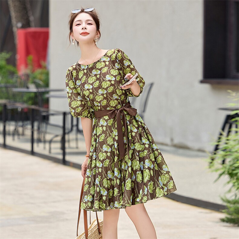 高端精致天丝连衣裙夏装新款时尚气质印花遮肚显瘦高级感裙子,女装连衣裙,姿衣坊