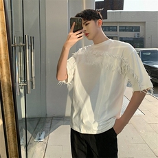 羽叶茑萝水溶立体流苏宽松版黑色T恤设计师男装A345-1061-p55，男装T恤，电商A345