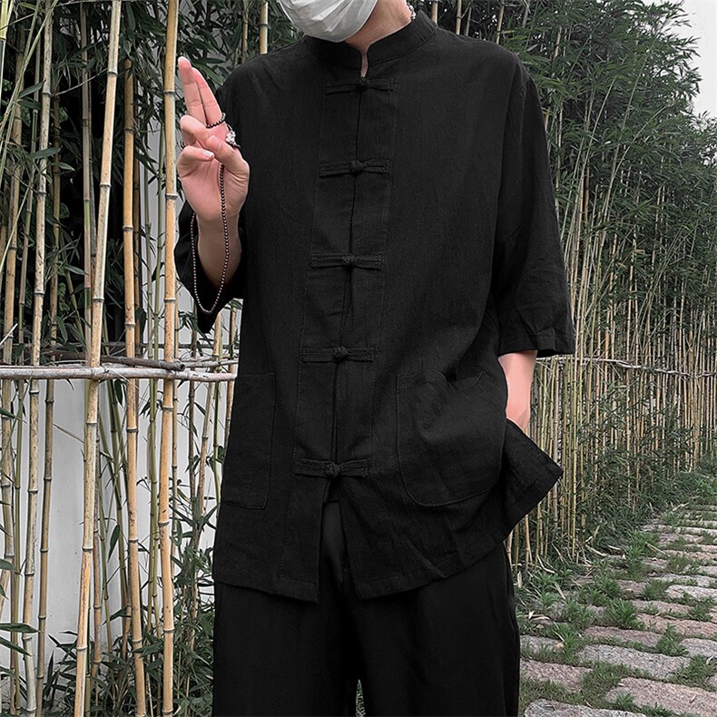 现货新中式亚麻短袖风棉麻中华立领盘扣衬衣MT8515-P38控58,男装T恤,星座205-5