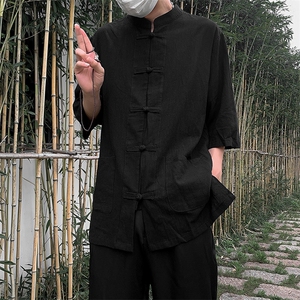 现货 新中式亚麻短袖风棉麻中华立领盘扣衬衣MT8515-P38 控58图片