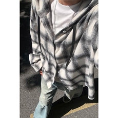 日系复古格纹撞色连帽夹克男春秋拉链工装棉服加厚外套，男装夹克，星座506A