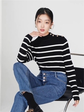 半高领条纹100纯山衫女洋气短款修身毛衣百搭显瘦针织打底衫，女装针织衫/毛衣，沐策羊绒