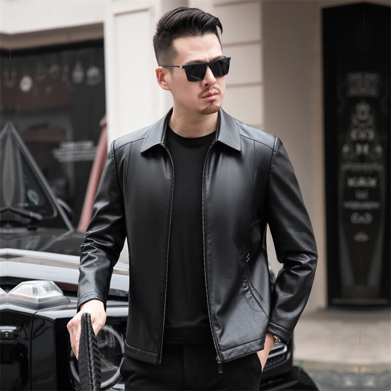 皮衣纯色翻领外套男士中年商务休闲上衣男装薄款2023秋季新款,男装皮衣,电商B212（原钱塘6029）