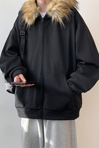 美式大毛领连帽针织衫男女秋冬慵懒风松弛感chic开衫卫衣休闲外套图片