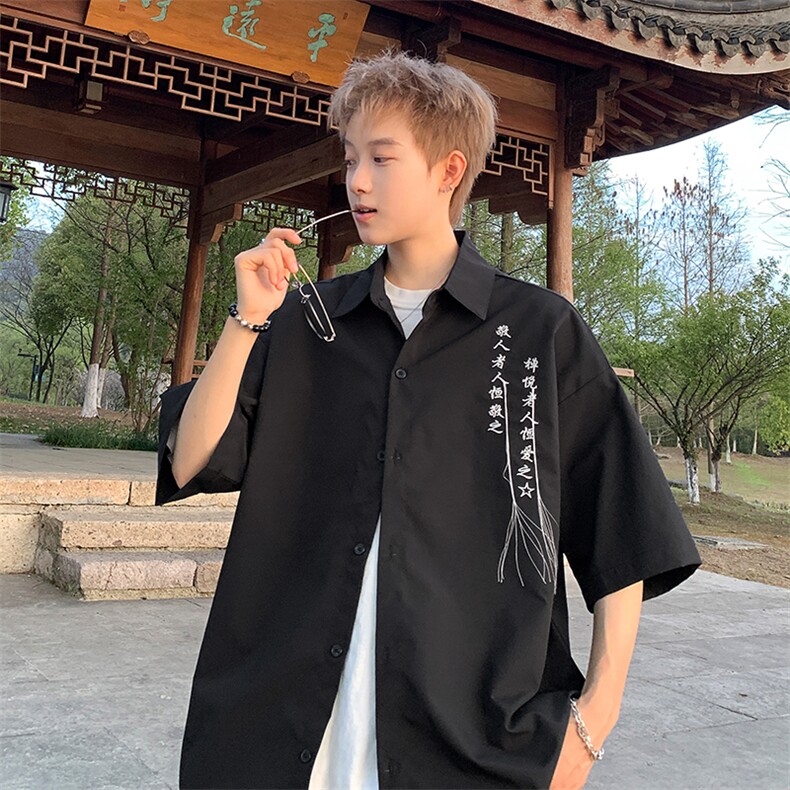 量大优风毛笔书法刺绣流苏短袖衬衫冰丝垂感衬衣C2321-特P35,男装T恤,星座1213