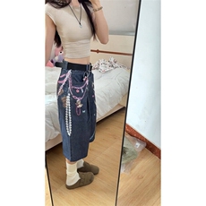美式高街链条印花七分牛仔裤女夏季新款宽松阔腿短裤LB30399-P55，男装牛仔裤，星座1008