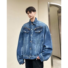 复古垫肩扎染牛仔外套男女小众拉链设计感夹克上衣潮W6390-P90，男装夹克，星座412-3