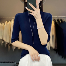 无缝半高领五分袖针织打底衫女T恤2025春秋新款精仿细毛半袖毛衣，女装针织衫/毛衣，暖烁特种纱工厂店