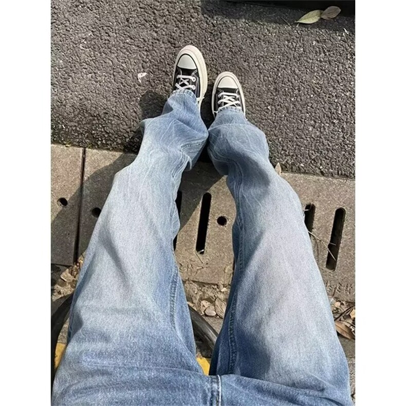 7715-P38冰蓝色闪电裂纹牛仔裤男修身cleanfit微喇裤子潮牌,男装牛仔裤,星座215-1