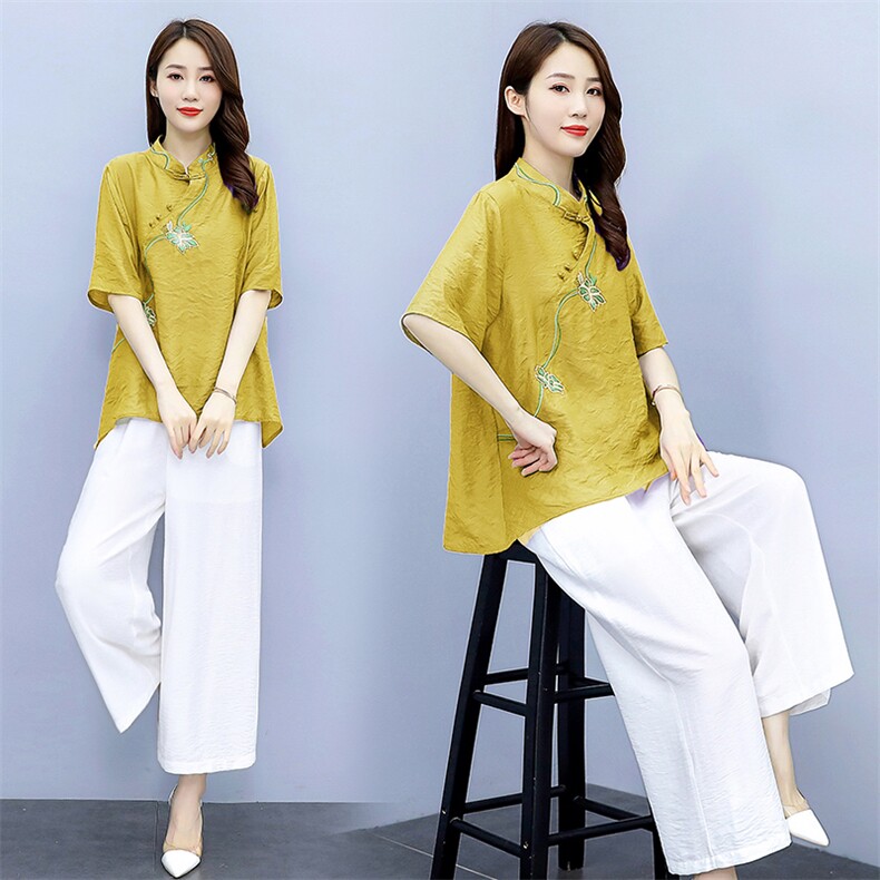 2021夏季新款简约气质圆领时尚图案刺绣复古盘扣装饰棉麻两件套,女装套装/套裙,韩宇舍