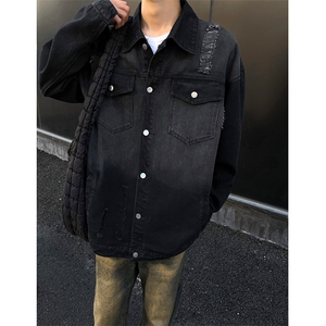 C5375-TP70 控价98 春季男百搭美式破洞牛仔夹克复古蓝翻领外套图片