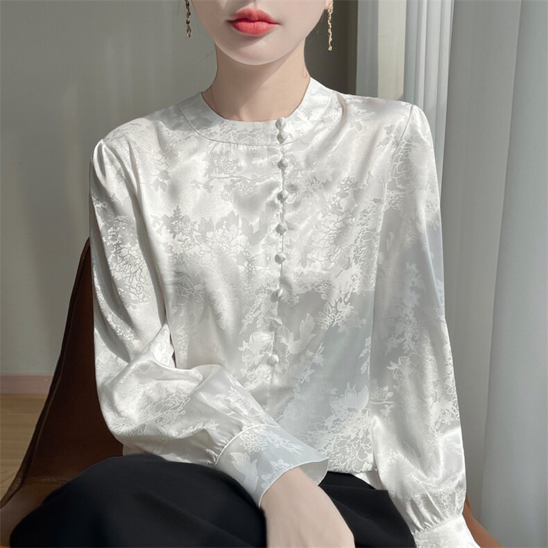 女士复古立领凉感丝滑缎面真丝中式衬衣,女装衬衫,大美人高端店