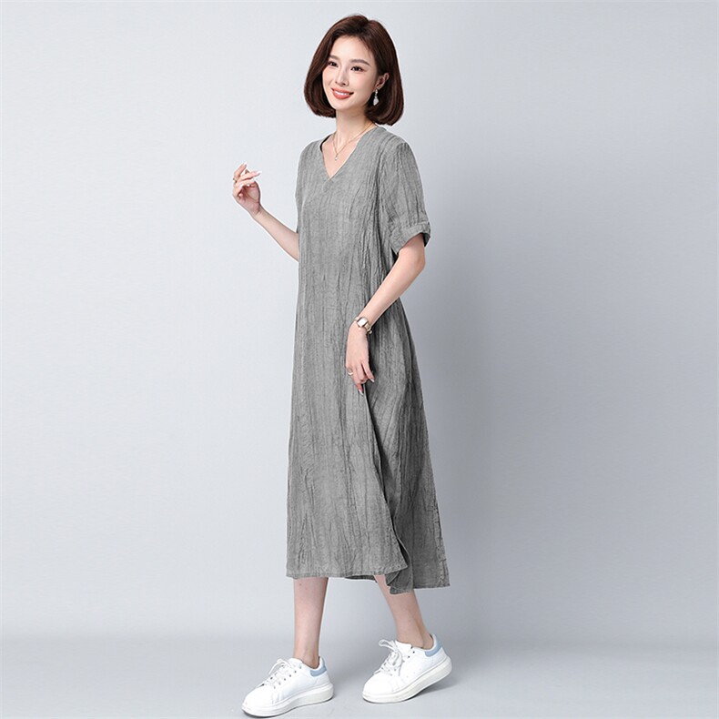 夏季新款苎麻连衣裙宽松V领显瘦长裙853,女装连衣裙,秋牧寒烟