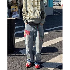 高街复古水洗字母破洞泼墨牛仔裤男女宽松直筒百搭长裤子NB140，男装牛仔裤，星座1116A（原606A-3）