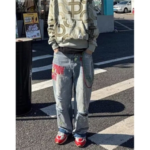 高街复古水洗字母破洞泼墨牛仔裤男女宽松直筒百搭长裤子 NB140图片
