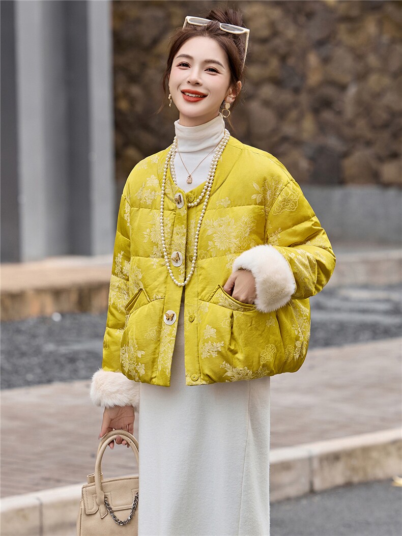 新中式90提花羽绒服2025年冬季新款高级感优雅气质白鸭外套,女装羽绒服,玖莱伊