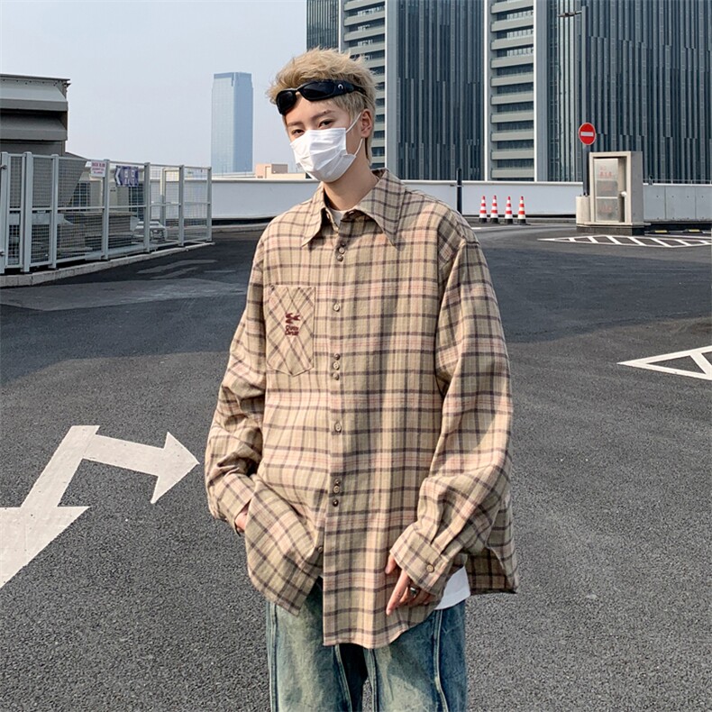 美式街头格子长袖衬衫男春季oversize宽松情侣衬衣外套S6601-p48,男装衬衫,星座1008