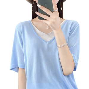 冰丝针织短袖t恤女夏季宽松休闲假两件上衣显瘦v领亚麻半袖打底衫图片