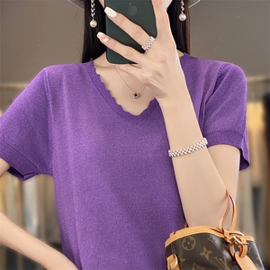 花边V领冰丝针织短袖t恤女2025年夏季新款宽松显瘦打底衫半袖图片