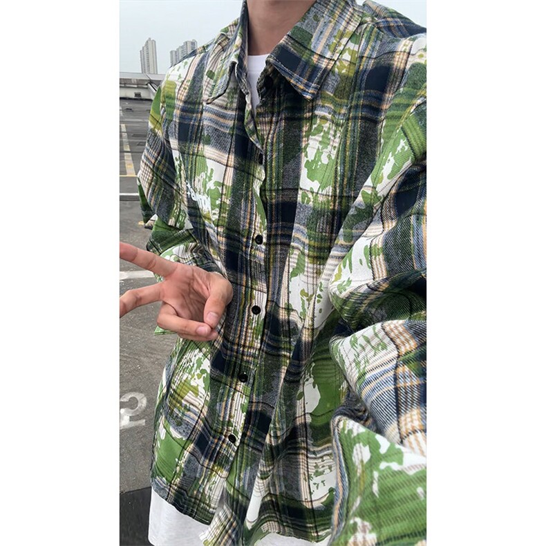 美式扎染条纹格子衬衫男女复古长袖衬衫上衣外套C2245-特价P33,男装衬衫,电商A007
