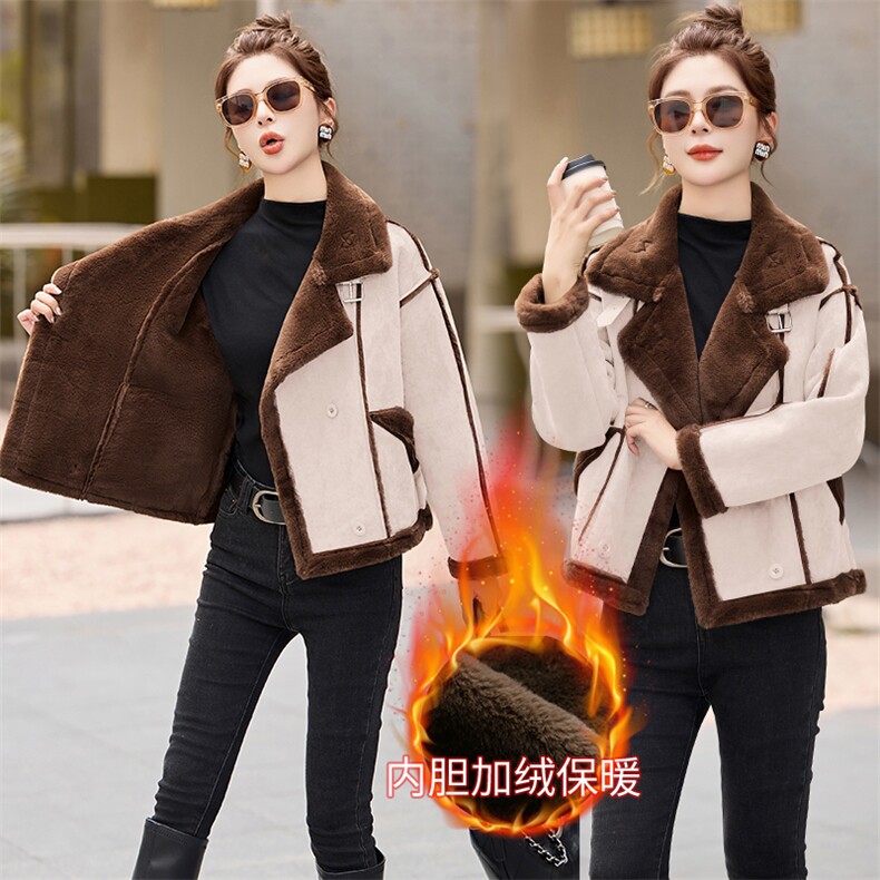 皮毛一体羊羔毛外套女2025冬新款小个子加厚保暖鹿皮绒机车服上衣,女装短外套,乐衣轩