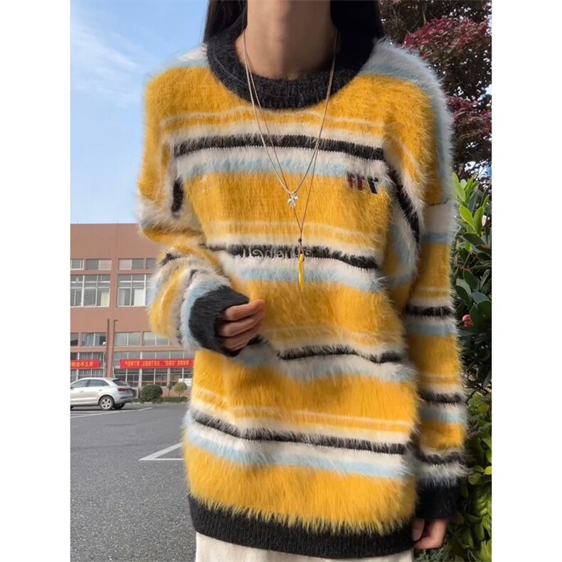 AA1842P55黄色条纹毛衣男冬季圆领套头针织衫美式毛线衣,男装针织衫/毛衣,电商B323A