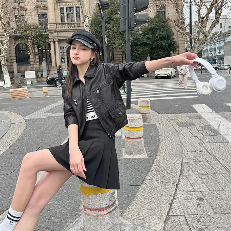 网红同款欧货新款复古泫雅风甜酷独特小众时尚皮外套女2024年春季,女装皮衣,江南女神