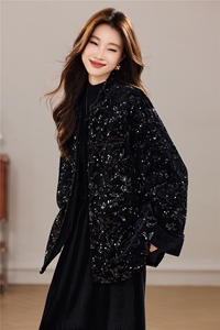 冬季新款加棉加厚新中式小立领重工丝绒宽松百搭款棉衣外套女图片
