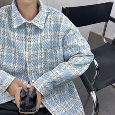 小香风外套男春秋季高级感格子潮牌衬衫翻领帅气情侣宽松夹克衬衣，男装夹克，星座601-1