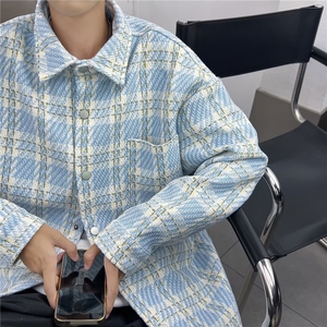 小香风外套男春秋季高级感格子潮牌衬衫翻领帅气情侣宽松夹克衬衣图片