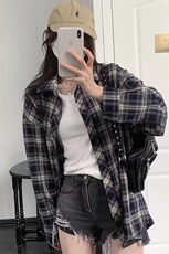 现货复古格子衬衫男女外套春秋季开衫设计感宽松外穿衬衣长袖上衣，男装衬衫，星座302B-2