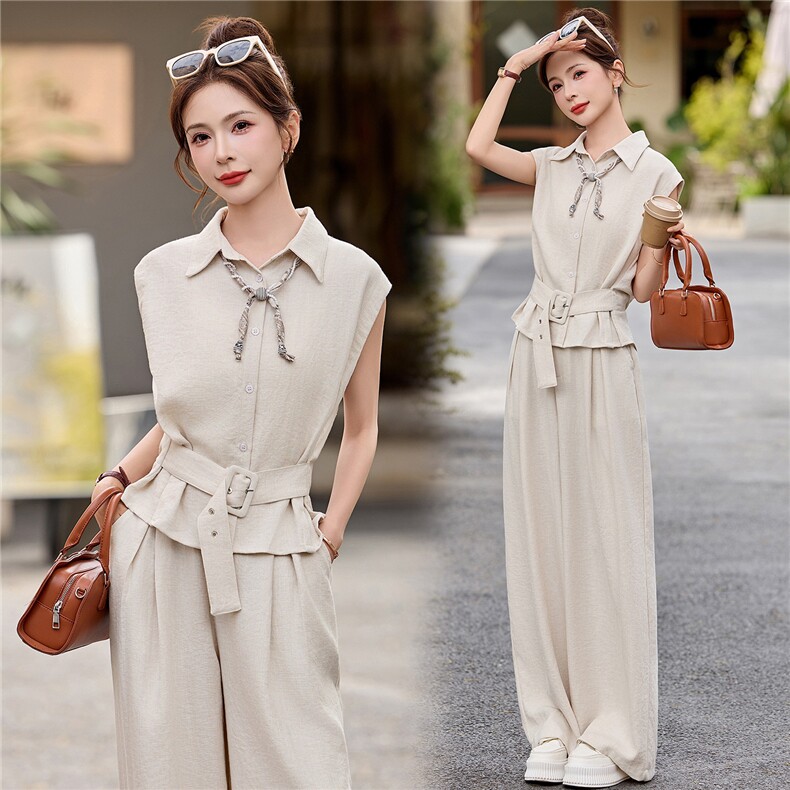 2026年夏季翻领减龄成人休闲风时尚显瘦女两件套，女装套装/套裙，美沁